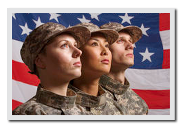 Three soldiers in front of an American flag